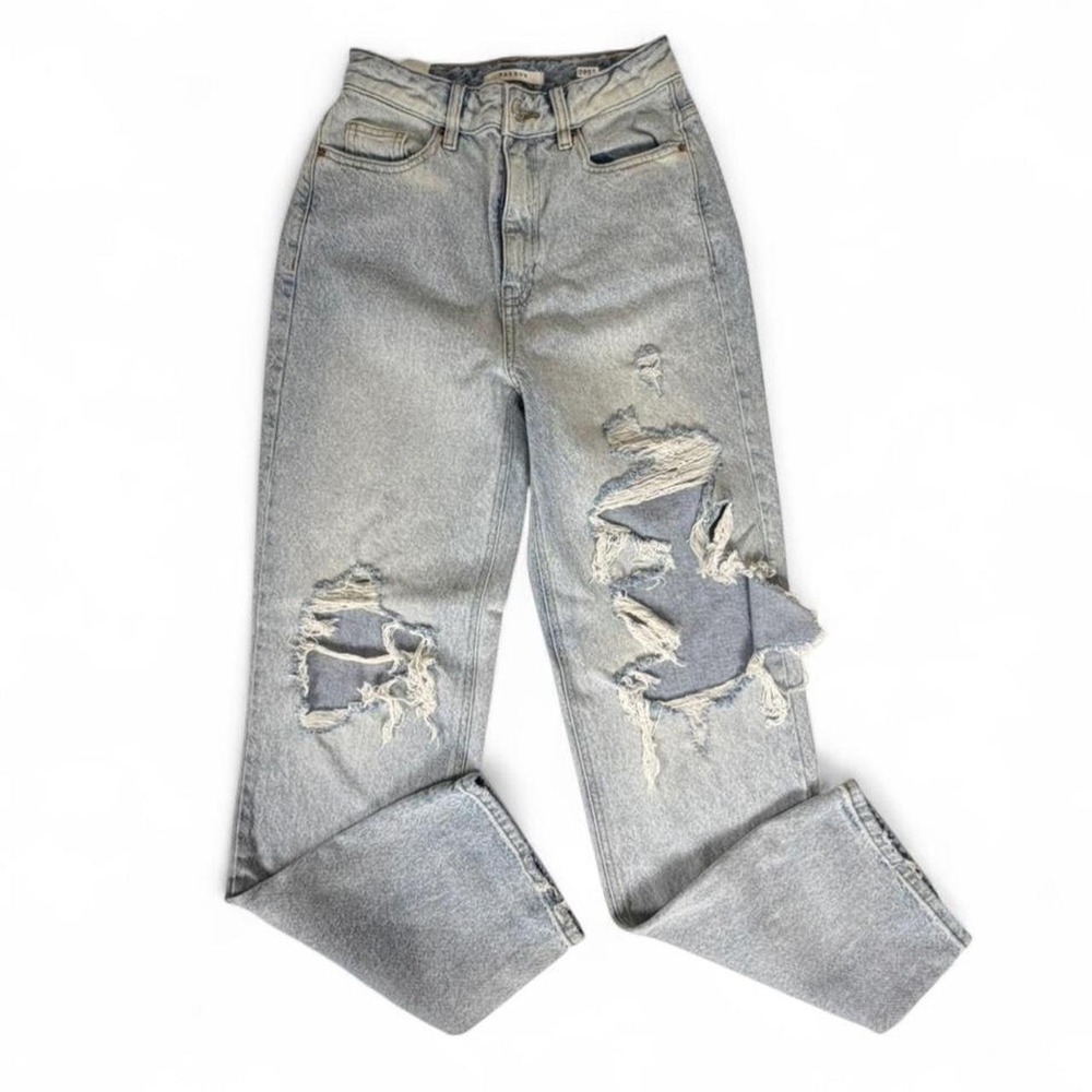 PacSun Distressed High Rise Straight Leg Jeans 25x32 Light Wash Ripped Mom Denim